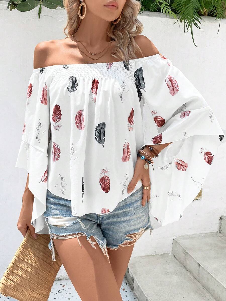 SHEIN VCAY Feather Print Off Shoulder Trumpet Sleeve Blouse - White - View 1
