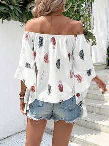 SHEIN VCAY Feather Print Off Shoulder Trumpet Sleeve Blouse - White - View 2