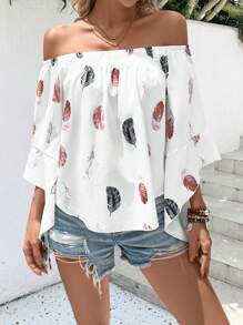 SHEIN VCAY Feather Print Off Shoulder Trumpet Sleeve Blouse - White - View 4