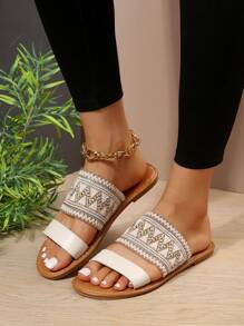Women Geometric Pattern Double Strap Slide Sandals, Fabric Vacation Sandals - Beige - View 2