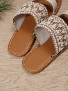 Women Geometric Pattern Double Strap Slide Sandals, Fabric Vacation Sandals - Beige - View 4