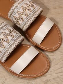 Women Geometric Pattern Double Strap Slide Sandals, Fabric Vacation Sandals - Beige - View 5