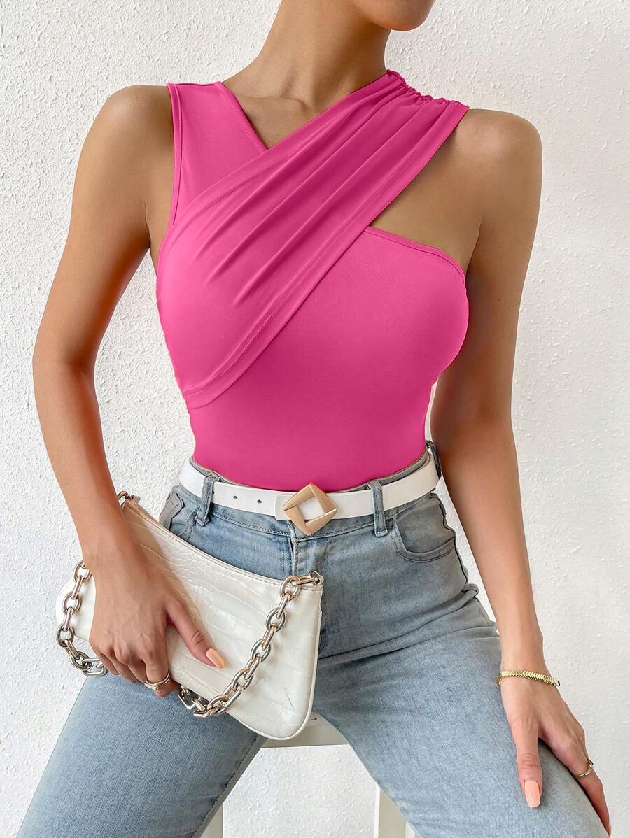 SHEIN Privé Solid Asymmetrical Neck Top - Hot Pink - View 1