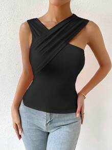 SHEIN Privé Áo nữ màu trơn Giải trí - màu đen - Xem 4