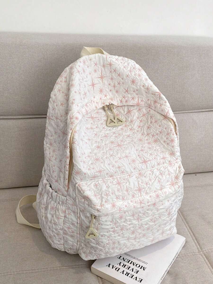 Medium Classic Backpack Geometric Pattern Ruched Detail - Beige - View 1