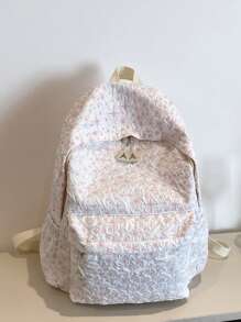 Medium Classic Backpack Geometric Pattern Ruched Detail - Beige - View 4