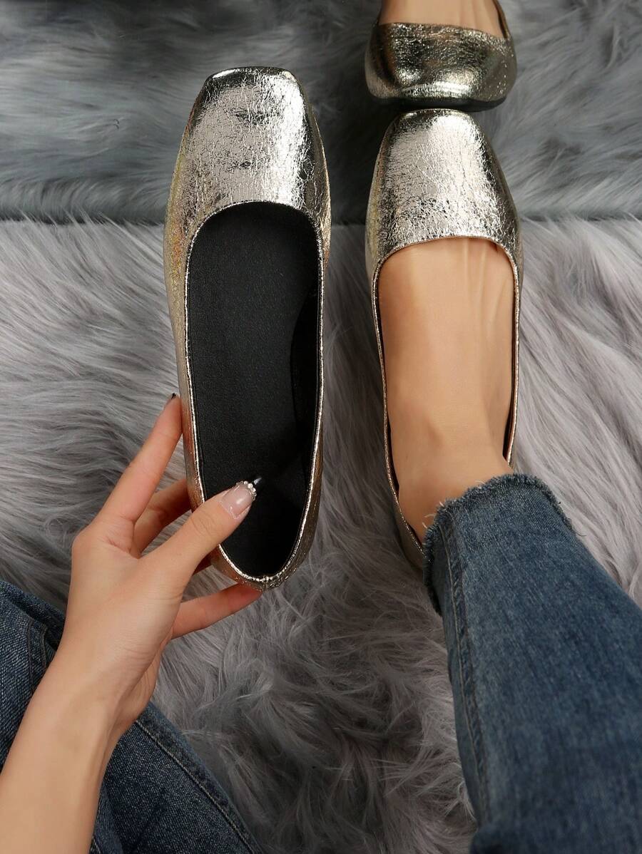 女性金屬質感方頭魅力四射金色芭蕾舞鞋 - 金色 - 查看 1