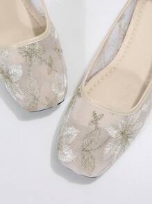 女士花卉刺繡方頭時尚網紗芭蕾舞鞋 - 米色 - 查看 4