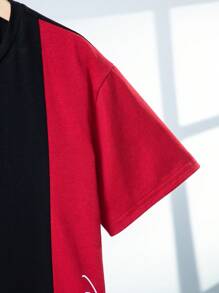 SHEIN Leap Crew T-shirt à manches courtes, col rond de style collège pour garçon adolescent avec coupe ample et blocage de couleurs - Noir - Voir 5