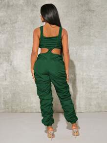 SHEIN SXY Áo liền quần nữ Cắt ra Xù Dây kéo màu trơn Giải trí - Màu xanh lá cây đậm - Xem 2