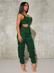 SHEIN SXY Áo liền quần nữ Cắt ra Xù Dây kéo màu trơn Giải trí - Màu xanh lá cây đậm - Xem 3