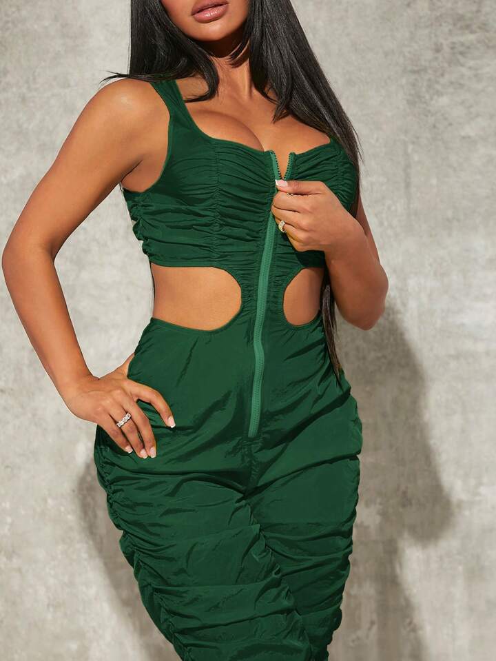 SHEIN SXY Zip Up Cut Out Waist Ruched Stacked Jumpsuit