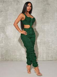 SHEIN SXY Áo liền quần nữ Cắt ra Xù Dây kéo màu trơn Giải trí - Màu xanh lá cây đậm - Xem 6