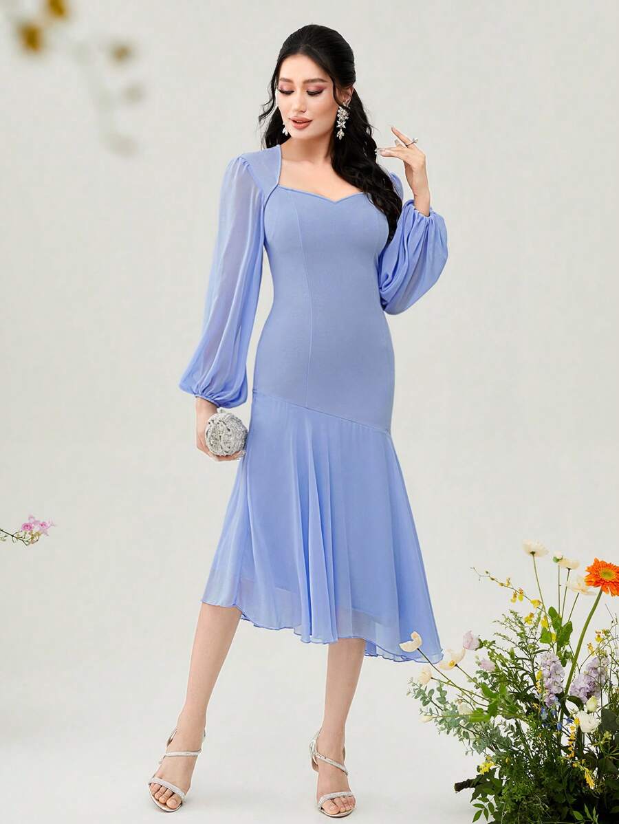 Modelyn Sweetheart Neck Lantern Sleeve Mermaid Hem Dress - Baby Blue - View 1
