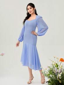 Modelyn Sweetheart Neck Lantern Sleeve Mermaid Hem Dress - Baby Blue - View 4