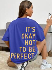 SHEIN EZwear Camiseta de hombros caídos con estampado de slogan - azul real - Ver 1