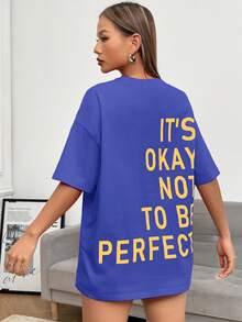 SHEIN EZwear Camiseta de hombros caídos con estampado de slogan - azul real - Ver 2
