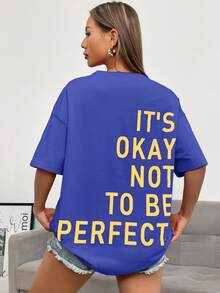 SHEIN EZwear Camiseta de hombros caídos con estampado de slogan - azul real - Ver 3