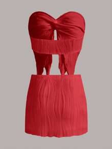 SHEIN ICON 前扭結不對稱下擺抹胸上衣和包臀半身裙 - 紅色 - 查看 2