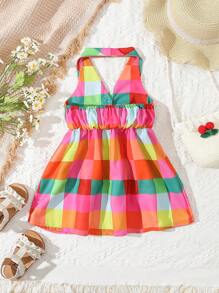 SHEIN 嬰兒格紋印花前紐扣掛脖連衣裙 - 彩色 - 查看 2