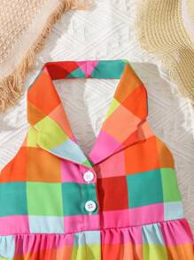 SHEIN 嬰兒格紋印花前紐扣掛脖連衣裙 - 彩色 - 查看 3