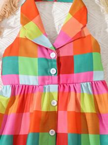 SHEIN 嬰兒格紋印花前紐扣掛脖連衣裙 - 彩色 - 查看 4
