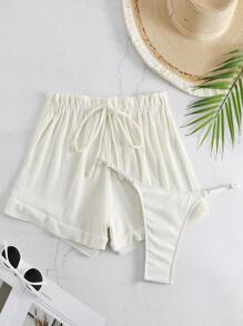 SHEIN Swim 前繫帶荷葉邊泳衣下裝帶短褲