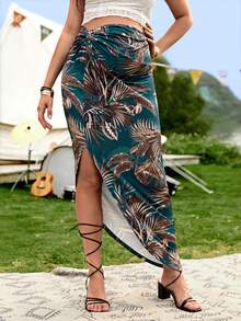 SHEIN Maternity Tropical Print Twist Waist Split Thigh Skirt - Multicolor - View 3