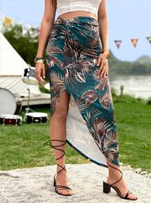 SHEIN Maternity Tropical Print Twist Waist Split Thigh Skirt - Multicolor - View 1