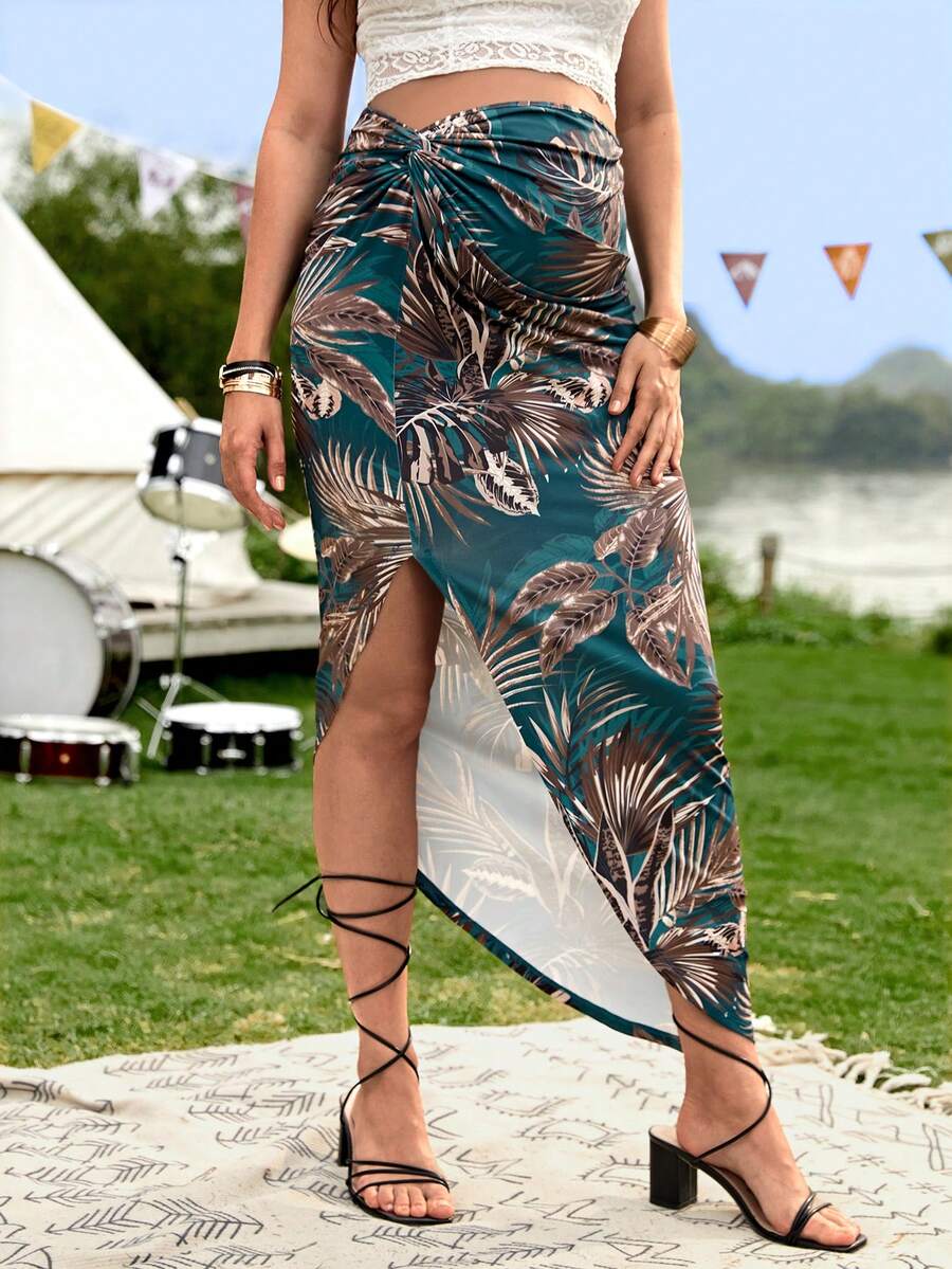 SHEIN Maternity Tropical Print Twist Waist Split Thigh Skirt - Multicolor - View 1