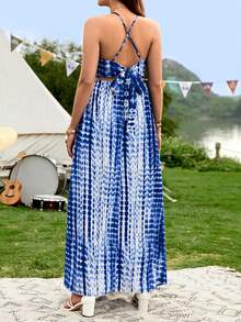 SHEIN Maternidad de tie dye con tira cruzada de espalda abierta con cordón Top halter & de muslo con abertura Falda - Azul y blanco - Ver 2