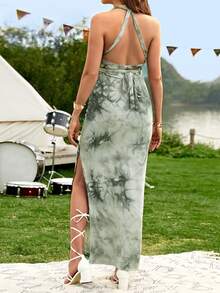 SHEIN Maternidad de tie dye Top halter & de muslo con abertura Falda - Multicolor - Ver 2