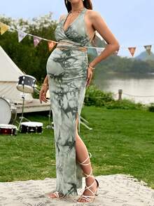 SHEIN Maternidad de tie dye Top halter & de muslo con abertura Falda - Multicolor - Ver 5