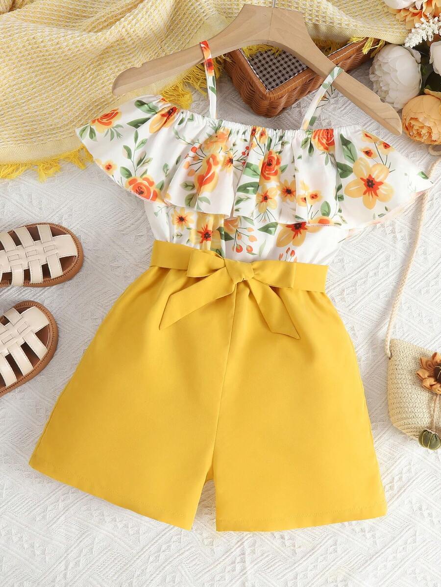 Girls Floral Print Cold Shoulder Ruffle Trim Belted Romper - Yellow - View 1