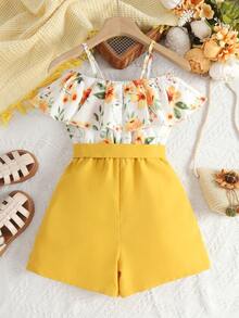 Girls Floral Print Cold Shoulder Ruffle Trim Belted Romper - Yellow - View 2