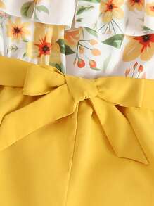 Girls Floral Print Cold Shoulder Ruffle Trim Belted Romper - Yellow - View 4
