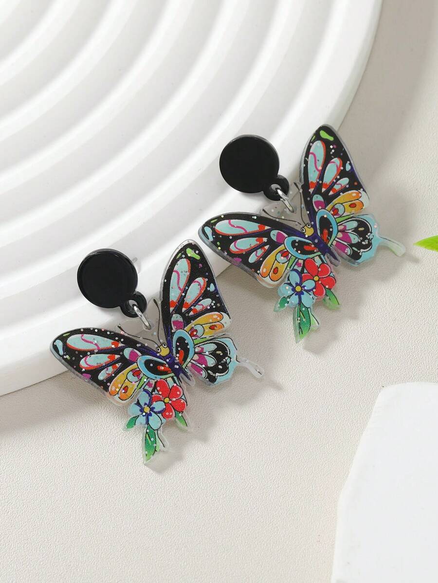 1 đôi Đen Với Đầy màu sắc Con bướm , Động vật , Hoa , Đúng mốt Hoa tai acrylic Đối với phụ nữ , Thích hợp Đối với Mặc hàng ngày - Nhiều màu - Xem 1
