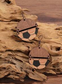 1對女士時尚木質足球圖案圓形裝飾吊式耳環作為朋友禮物 - 彩色 - 查看 2