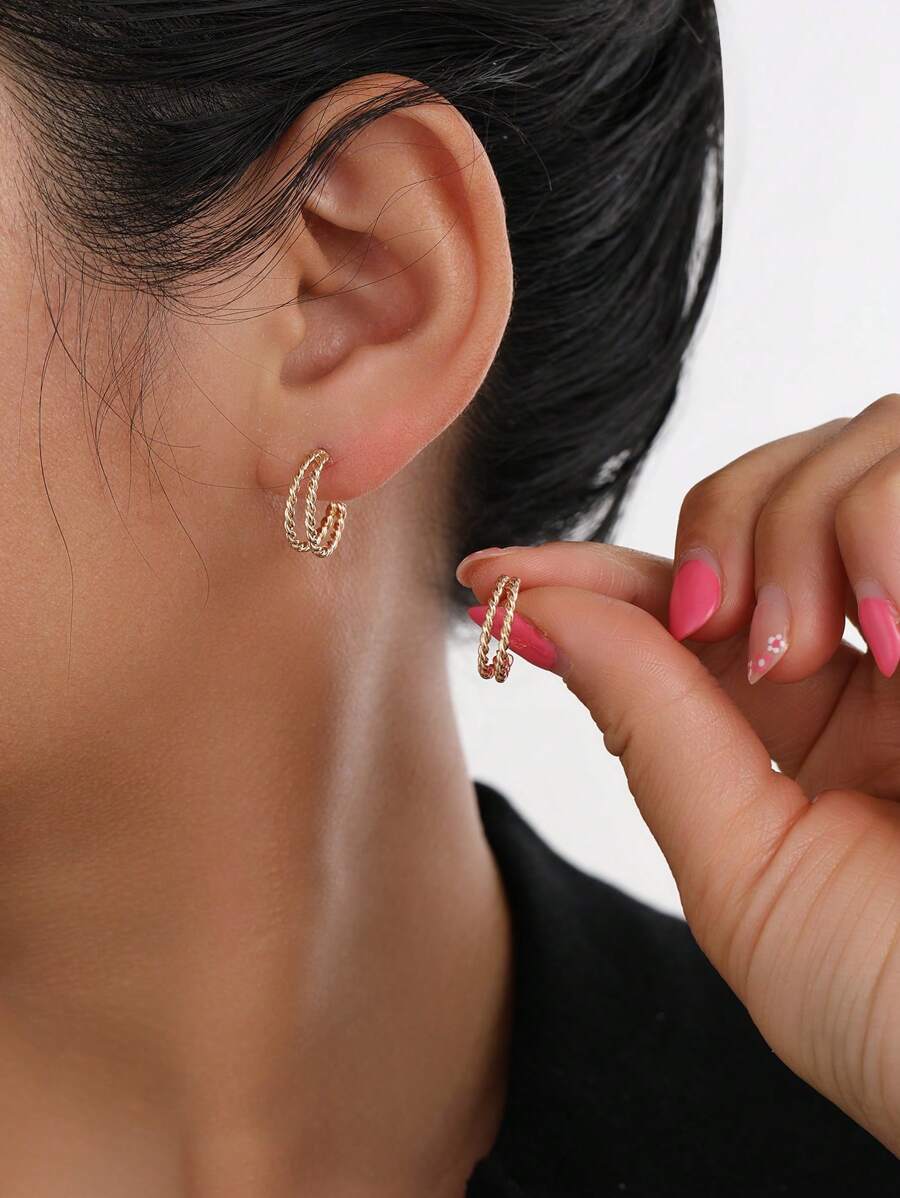 1pair Fashionable Minimalist Double Textured Hoop Earrings For Women For Daily Decoration - Yellow Gold - View 1