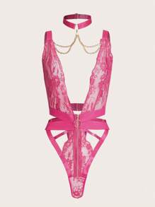 Floral Lace Chain Detail Cut Out Teddy Bodysuit - Hot Pink - View 1