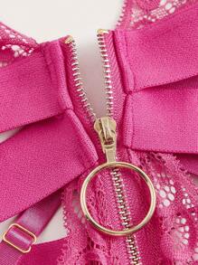 Floral Lace Chain Detail Cut Out Teddy Bodysuit - Hot Pink - View 3