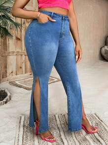 SHEIN SXY Plus High Waist Split Thigh Flare Leg Jeans - Medium Wash - View 1