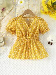 SHEIN 小女童碎花泡泡袖荷葉邊下擺襯衫