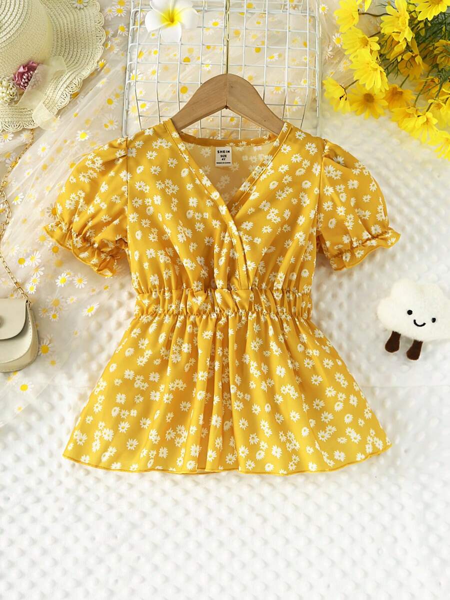 SHEIN 小女童碎花泡泡袖荷葉邊下擺襯衫