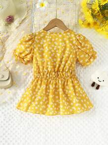 SHEIN 小女童碎花泡泡袖荷葉邊下擺襯衫