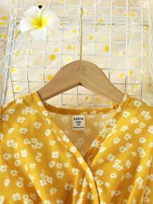 SHEIN 小女童碎花泡泡袖荷葉邊下擺襯衫