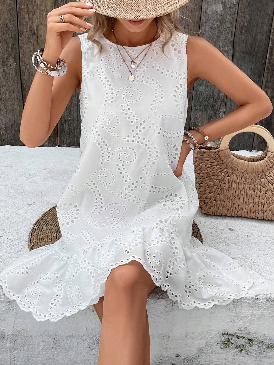 SHEIN Holidaya Đầm Viên lá sen Tranh thêu màu trơn Dễ thương - trắng - Xem 1