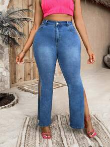 SHEIN SXY Plus High Waist Split Thigh Flare Leg Jeans - Medium Wash - View 5