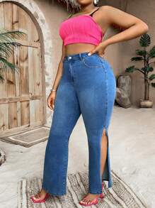 SHEIN SXY Plus High Waist Split Thigh Flare Leg Jeans - Medium Wash - View 6