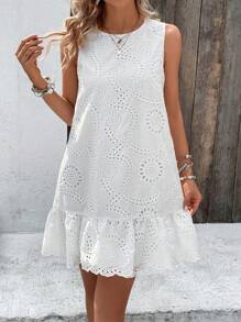SHEIN Holidaya Đầm Viên lá sen Tranh thêu màu trơn Dễ thương - trắng - Xem 4